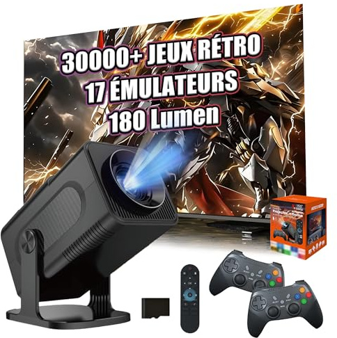 HCS350 Pro+ Projecteur Portable sans Fil avec WiFi & Bluetooth, Console avec 30000+ Jeux 17 Émulateur, 180 Lumen, 1080P, Projetor de Films Android 16 pour Usage en Plein Air, avec Télécommande Vocale