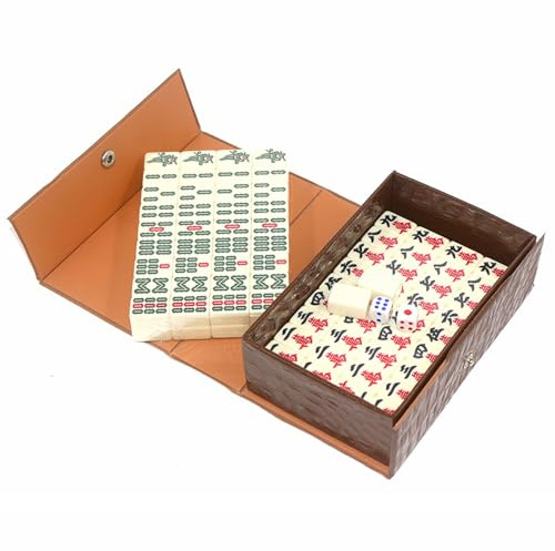 Juego de piedras de majong, mini juego de mahjong, juego de mahjong chino tradicional para viajes, 144 fichas majong con caja de madera noble, juego de mesa portátil para viajes familiares