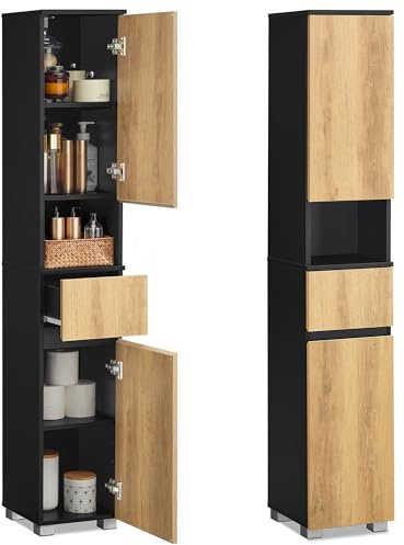 VASAGLE Mobile da Bagno, Mobiletto Portaoggetti, Alto, con Cassetto, Ripiani Regolabili, Scomparti, 30 x 30 x 170,2 cm, Nero Inchiostro e Marrone Naturale BBK560BC01