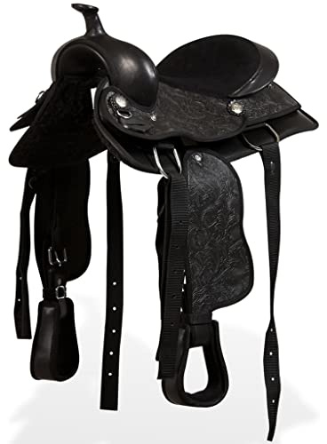 Teenpull Western-sadel äkta läder 30 cm (12 tum) svart med grimma och bröstblad, robust läder och konstläder, sittkudde för ponny och häst, perfekt för vandring och turnering