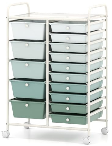 COSTWAY 15 Drawers Storage Trolley, Home Office Stationary Rolling Cart with 4 Wheels, Multipurpose Mobile Organiser Shelving Unit for Makeup Beauty (63 x 37 x 87cm, Gradient Green)