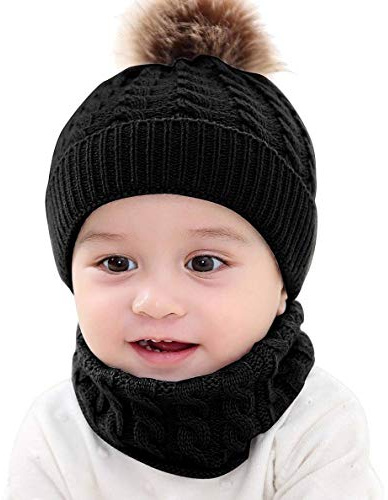 CheChury Bébé Bonnets et écharpes en Tricot Fille Hiver Pompom Tricotés Bonnet Bébé 0-24 Mois Garçon Chaud Écharpe Ensemble Enfants-A-Noir-Taille Unique