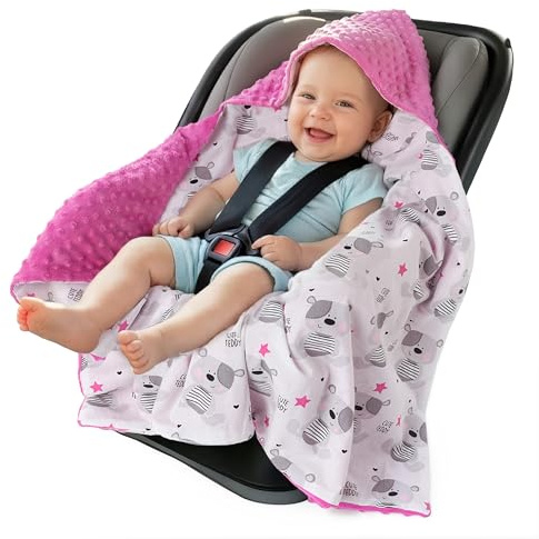 Medi Partners Einschlagdecke Baby Babyschale 100% Baumwolle für Sommer 85x85cm Kinderwagen Kuscheldecke universal Baby Decke Einschlagdecken Babydecke Buggy Autositz(Teddybär mit dunkelrosa Minky)