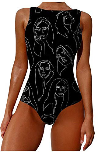 Badeanzug Damen Bauchweg Einteiler Figurformend Graffiti Abstract Print Kreuz Push up Große Größen Sportlich Beachwear Bademode Schwimmanzug Bikini Set Badebekleidung (A-Schwarz, XXL)