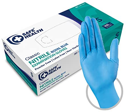 Safe Health Gants Jetables d'examen en Nitrile Taille S Bleu, Boîte de 100 gants, Sans poudre Sans latex Hypoallergéniques, CE EN455 Certifiés, Soins médicaux Aliments, 3,5 Mil