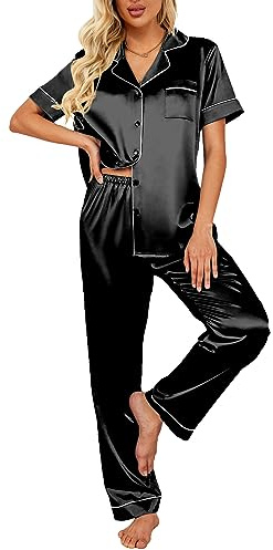 Ekouaer Silk Satin Pajamas Set Women Short Sleeve Sleepwear Soft Button Down Loungewear Pjs Set Black X-Large
