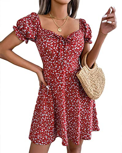 CheChury Robe Femme Ete Chic Fleurie Legere Fluide à Manches Courtes Col en Carrée Imprimé de Plage Élégante