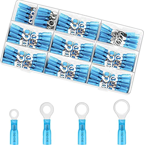 RUNCCI-YUN 120 stycken krympkontakter, 12 V kabelkontakter, elektriska bilkontakter, presskontakt, ring, kabelskor, öljetter, ringklämma för 16–14 AWG (blå/4 storlekar #10,1/4 tum, 5/16 tum, 3/8 tum)