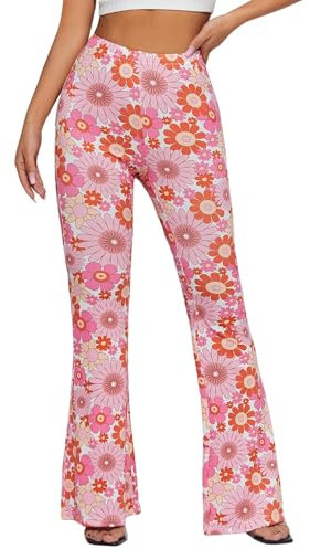 EVELUST Damen 70er Jahre Schlaghose - Hippie Bunte Blumen High Waist Hose Disco Kostüm Abba Outfit Fasching Karneval Festival Rave Pants Flower Power Kleidung Leggings(Pink, S, 10501w)