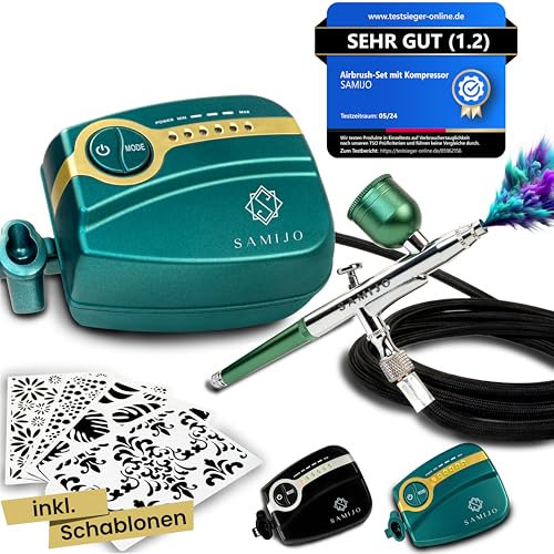 SAMIJO Airbrush Set mit Kompressor, leise, kompakt, vielseitig, Airbrush-Set für Einsteiger, inkl. [DIY SCHABLONEN] Dein Komplettset für Modellbau, Haut, Nails und vieles mehr, eisgrün