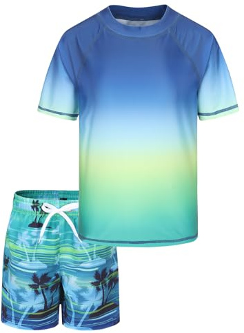 Boys Rash Vest Kids Two Piece Swimming Costume with Board Shorts Short Sleeve Swimsuit Boys Swim Top Age 9-10 Years