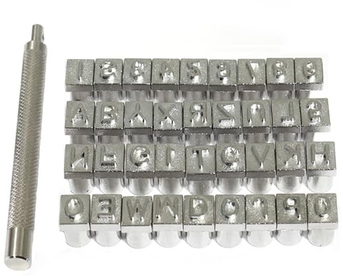 Juego de sellos de letras y números de cuero, 36 sellos del alfabeto A-Z y números del 0 al 9 con 1 mango de estampado, juego de sellos de metal para marcar bolsas de cinturón de cuero (3.5 mm)