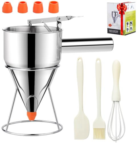 20oz Pancake Batter Dispenser, Stainless Steel Funnel Cake Dispenser with 4 Silicone Nozzles, Perfect for Pancakes, Cupcakes, and Funnel Cakes