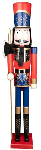 150cm Giant Life-Size Wooden Christmas Nutcracker Soldier Statue King Puppet Figurines Xmas Home Door Decoration Ornament, Red/Blue Axe