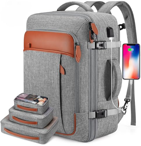 Roadcheer Travel Backpack for Men Women, Expandable Large Suitcase Backpack with 4 Packing Cubes, Rucksack for Plane Hand Luggage Bag, 42L Carry-Ons Cabin Bag College Work(Grey, Large)