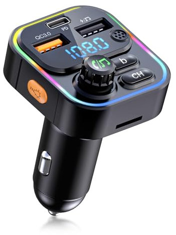 PRMHOOT 20W MAX Bluetooth Adapter Auto, 20W PD & QC 3.0 Schnellladung Hi-Fi Stereo FM Transmitter Auto Bluetooth 5.3, Freisprechanlage & LED-Licht, TF-Karte & U-Disk