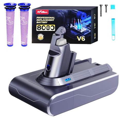 V6 Akku, FLYLINKTECH 8.0Ah Ersatzakku für Dyson V6 Serie DC62 DC59 DC58 DC61 DC72 DC74 Animal SV03 SV04 SV05 SV06 SV07 SV09 Staubsauger Mit 2 Filtern