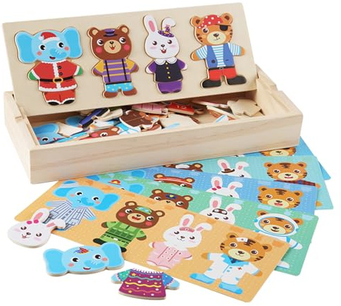LilyBeauty Boîte de Puzzle en Bois pour Famille de Animaux (60 pièces) : Jeu de Déguisement pour Enfants, Activités d'apprentissage pour Éveil des Petits de 3+ Ans