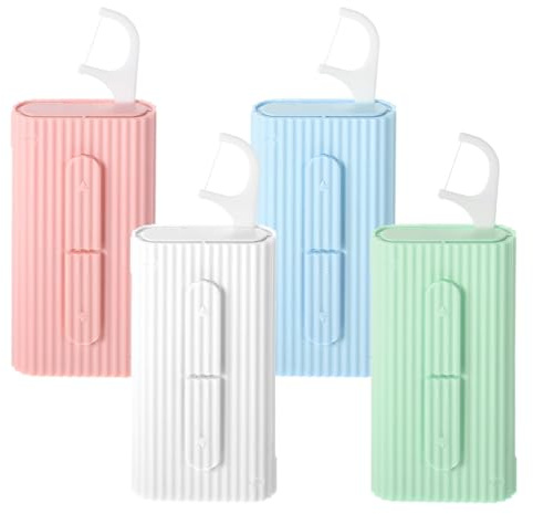 Nicear Dispensador portátil de palillos de hilo dental, contenedor de hilo dental rellenable con 10 palillos para el cuidado bucal (blanco, azul, verde y rosa)