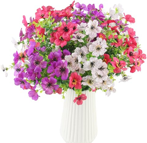 LEIMEND 6 Paquetes de Flores Artificiales Decoracion Rosa Blanca Púrpura Flores y Plantas Artificiales Flore Artificiales Exterior Adecuado para Jardines de Balcón de Sobremesa