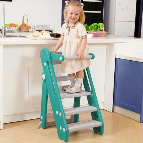 Onasti Montessori Learning Tower, Foldable Toddler Learning Tower, Stool for Children, kitchen learning helper standing tower, Adjustable Height Kids Learning Stool with Safty Rail (Green)