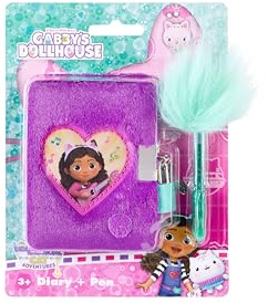 Gabby's Dollhouse plysch dagbok set för flickor | mysig anteckningsbok med lås och 2 nycklar | Inklusive fluffig penna med fjäder | dagbok + kulspetspenna | Presentset från 3 år