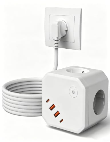Regleta 8-en-1 con USB-C Carga Rápida 20W y Protección Sobretensión, 4 Enchufes con Interruptor, 3680W, Cable Alargador 2m, para Casa, Oficina y Viajes