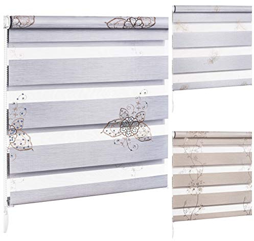 KSHANDEL24 DOPPELROLLO Blumen Schmetterling Feder MIT Pailletten UND GLANZFASER Kupfer GRAU Gold Natur (Blume Natur Kupfer Pailletten BH2610, 45x200 cm)