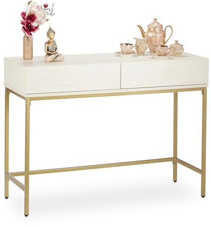 Relaxdays Konsolentisch, 2 Schubladen, Sideboard Flur, Wohnzimmer, Ablagetisch Holzoptik, HxBxT: 80x110x40 cm, weiß/gold