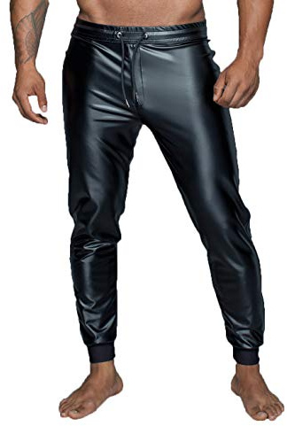 Noir Handmade Men's trousers in black treggings trousers made of Powerwetlook material with elastic waistband for lacing. - Black - 3XL