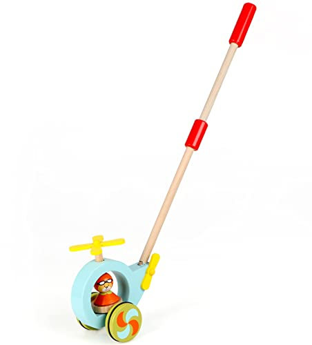 Jacootoys Holz Nachziehspielzeug Schiebe Spielzeug Helikopter Holztier zum Laufen Gehhilfe für Kleinkinder mit abnehmbarem Stab 24 Zoll