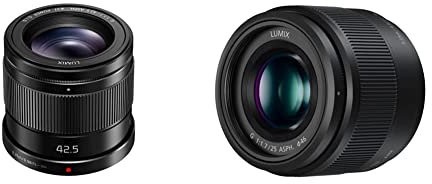 Panasonic Lumix 42,5mm F1.7 | Objectif à focale Fixe H-HS043E-K Noir & Lumix 25mm F1.7 | Objectif à focale Fixe H-H025E-K (Grand Angle 25mm, Grande Ouverture F1.7, equiv. 35mm : 50mm) Noir