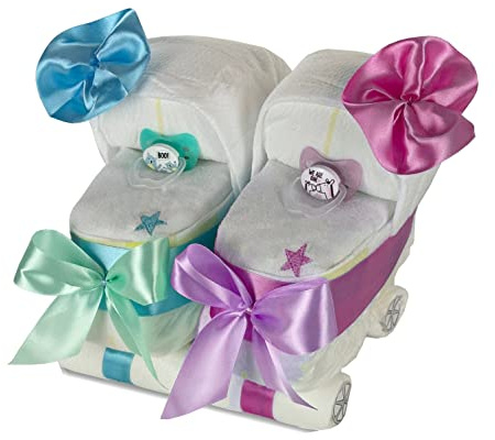 dubistda© Windeltorte Zwillingswagen blau/rosa - Geschenk für Zwillinge Geschwister - Windelkinderwagen + 2x Lätzchen und 2 x Schnuller (rosa/blau)