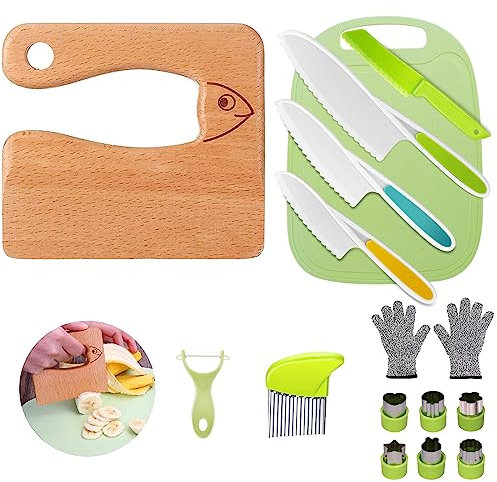 Kindermesser 16-teiliges Kinder-Küchenmesser-Set zum Schneiden und Kochen von Obst oder Gemüse für Kleinkinder, inklusive Holzmesser Schneidebrett Schäler Kinderschere Ausstechformen (Fisch)