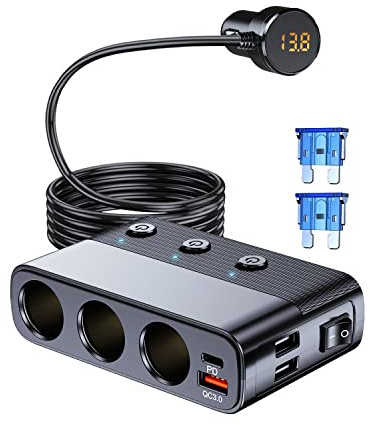 LIHAN 7-1 Cigarette Lighter Splitter,12V/24V Car Charger Adapter with 3 Socket Expander,PD30W Type-C,QC3.0 & Dual USB Ports,Independent Switches,Voltage Display,3.3FT Extension Cord fit Truck RV SUV