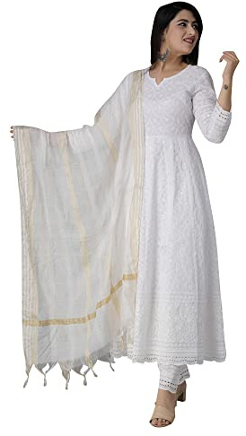 JG JAI GOVINDAM Chikankari Cotton Anarkali Indian Kurti For Women Summer Dress Kurta Pant With Dupatta Set Pakistani Long Kurta-(L) White