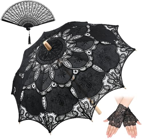 Paterr 3 Pcs Black Lace Parasol Vintage Gothic Lace Umbrella Hand Folding Fan Glove for Halloween Witch Wedding Bridal Lolita Cosplay Photoshoot Lady Costume Props 1920s Party Decoration