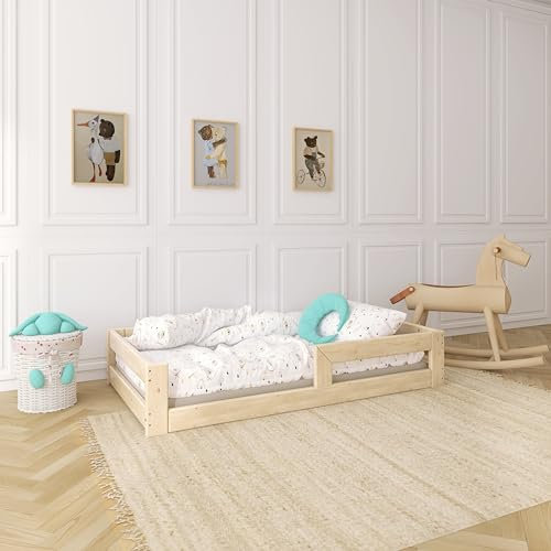 Need Sleep Montessori Bett Kinder Bodenbett 90x180 cm mit Rausfallschutz Lattenrost Kinderbett am Boden Niedrig Kids Floor Bed Bodentief aus Holz Mädchen Junge