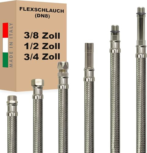 Flexslang DN8 3/8 tum – 1/2 tum – 3/4 tum – M10 pansarslang i rostfritt stål sanitär WC badrum dusch kök – Tillverkad i Italien (1/2 tum ÜM x M10 kort, 150 cm)