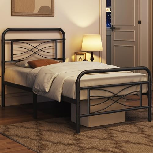 Yaheetech Metallbett 90 x 200 cm mit Industriestil Bettrahmen mit Kopfteil, Bettgestell mit Lattenrost, Jugendbett aus Metall, Modern Gästebett, Stauraum Unterm Bett Schwarz
