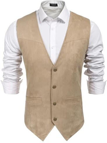 COOFANDY Men's Suede Leather Suit Vest Casual Western Vest Jacket Slim Fit Waistcoat (Medium, Light Brown)