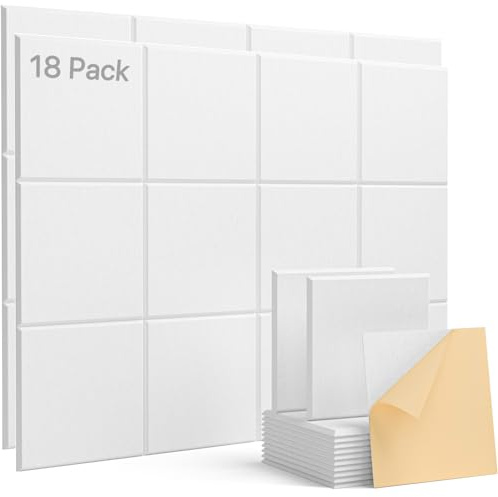 Soundsbay Akustiska paneler vita klistermärken set med 18 stycken | Akustisk panel, ljudisolering, hög densitet, brusreducering, för vägg, tak och dörr, kvadrat 30×30×0,9 cm