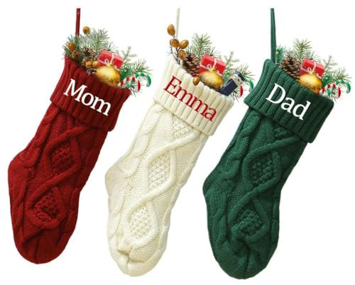 Gorgieousy Personalized Christmas Stockings, 18 Large Custom Knit Christmas Stockings with Embroidery Name, Color-Contrast Twisted Stocking for Xmas Holiday Decoration