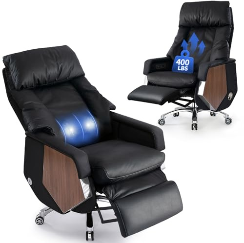 EMIAH Ergonomischer Bürostuhl mit Fußstütze Elektrischer Liegefunktion Chefsessel Massagefunktion und Verstellbarem hohen Rücken Bequemer Schreibtischstuhl mit Hoher Rückenlehne Echtem Leder (Schwarz)