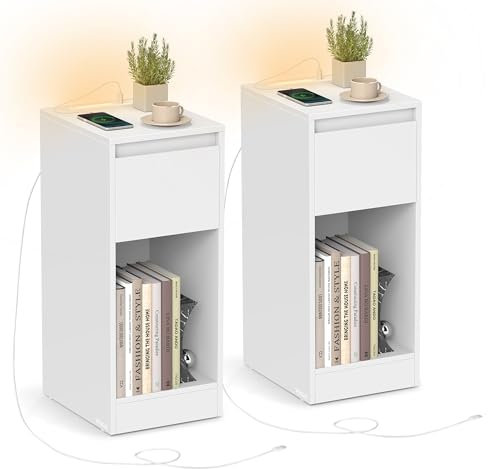 VASAGLE Juego de 2, Mesita de Noche Estrecha, Mesa Auxiliar, con Iluminación LED, 1 Puerto USB-A, 1 Puerto USB-C, Cajón y Compartimento, Dormitorio, Salón, Blanco Nube LET710W01