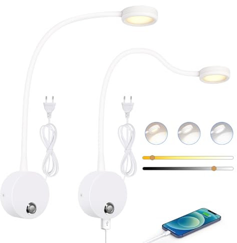 ERWEY 2 lampade da lettura a LED da parete, lampada da parete con dimmer touch (3000 – 6000 K), lampada da letto da 4 W con collo di cigno flessibile a 360° e porta di ricarica USB per letto, camera