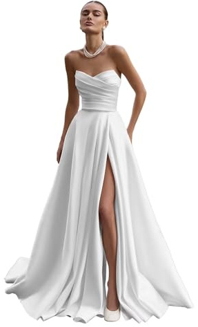 Neejafrog Vestidos de Novia de Raso sin Tirantes para la Novia v Cuello Acanalado Vestido de Fiesta de Noche Vestidos de Baile
