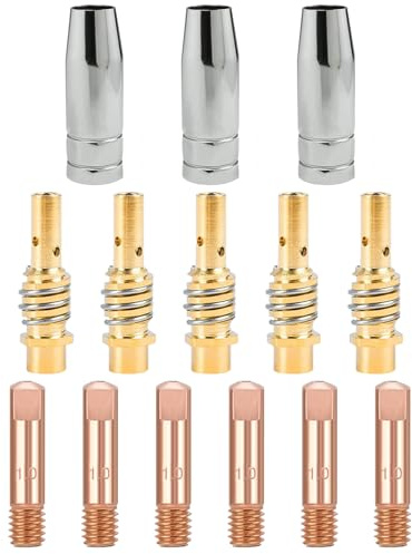 14Pz Accesorios de Soldadura Consumibles de Máquina de Soldadura, 6 Punta de Contacto M6 1.0mm, 5 Soporte de Boquilla, 3 Toberas cónicas para Antorcha de Soldadura MB15AK MIG MAG (1,0mm)
