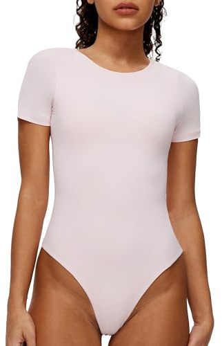 NANJI Short Sleeve Bodysuit for Women - Crew Neck Slim Fit Thong Body Suit, Stretch Double Lined Snap Tops, Casual Going Out (Pink, M)