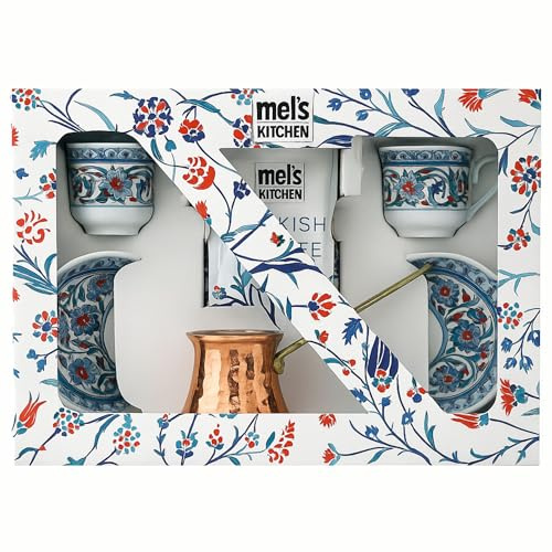 Mel’s Kitchen Turkish Coffee Gift Set – 85g Turkish Coffee, Copper Cezve Pot, 2 Porcelain Cups & Saucers – Authentic Taste of Anatolia